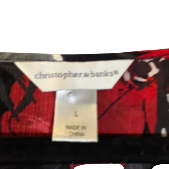 Christopher & Banks Womens Large Floral Blouse Button Up Top Sheer Black Red - Picture 2 of 11
